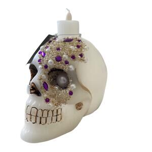 Christian Siriano Jeweled Skull LED Wax Candle Spooky Halloween Glam Decor New